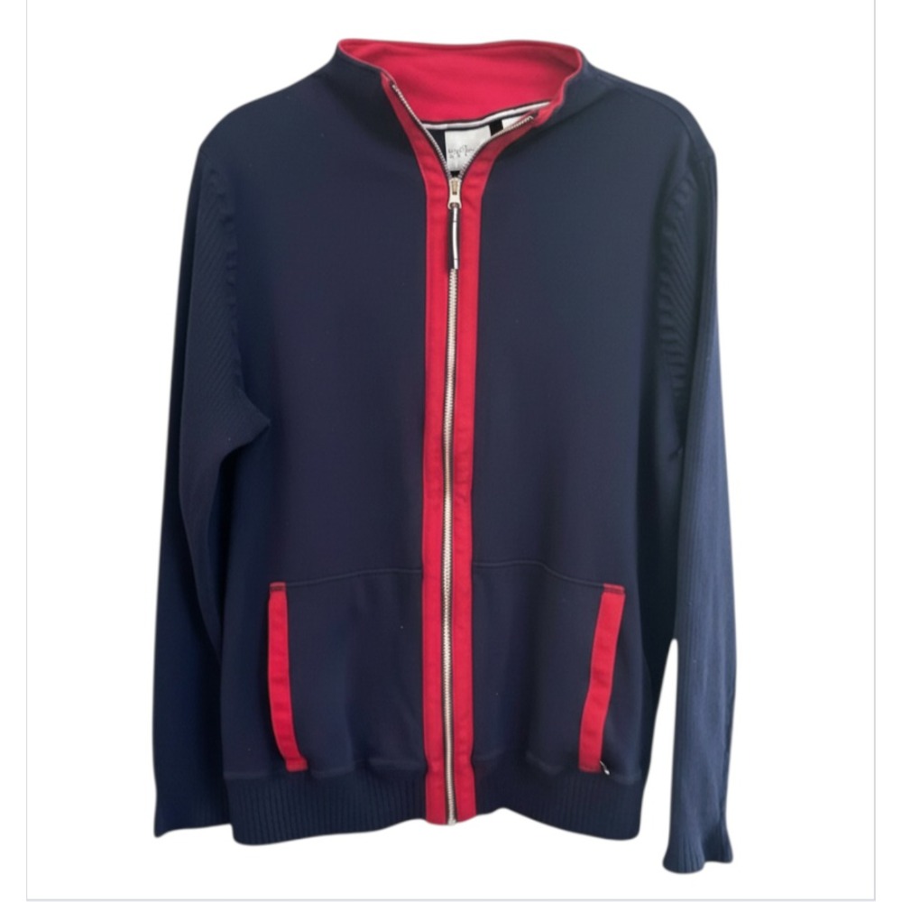 VTG Villager Liz Claiborne NAVY BLUE TRACK JACKET Red Trim Nautical Preppy XL